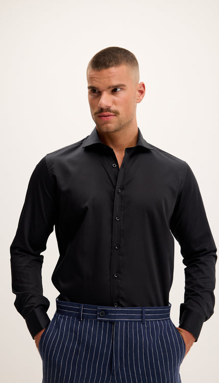 Pure Cotton Spread Collar Fitted Dress Shirt - Jet Black