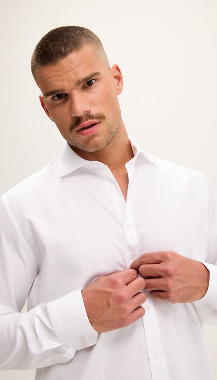 Pure Cotton Spread Collar Fitted Dress Shirt - Optic White