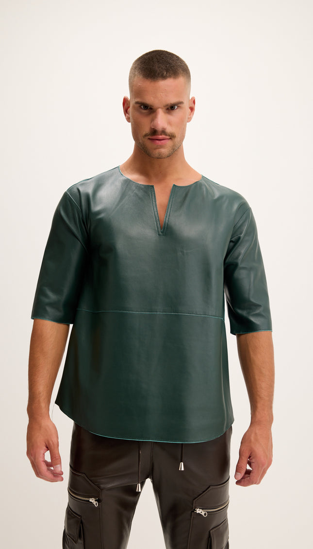 The Lambskin Leather Three Quarter V Neck Shirt - Green