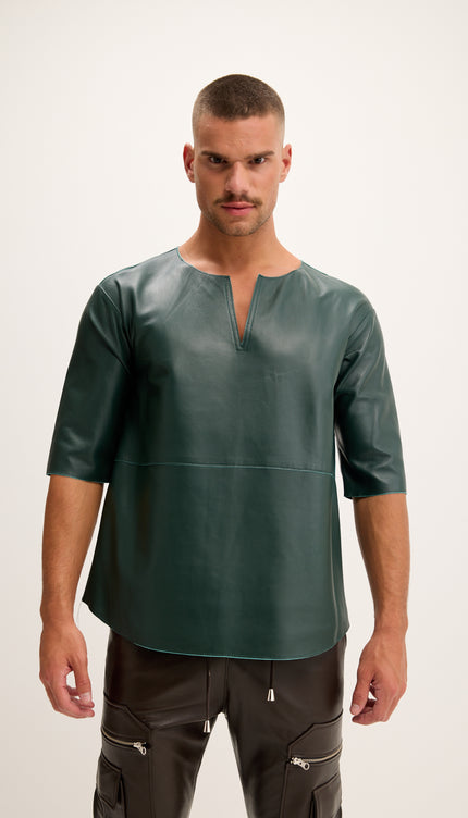 The Lambskin Leather Three Quarter V Neck Shirt - Green