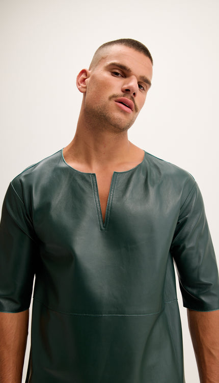 The Lambskin Leather Three Quarter V Neck Shirt - Green