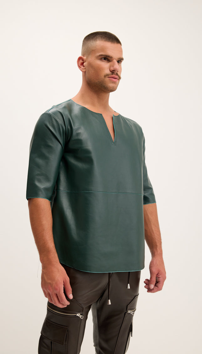 The Lambskin Leather Three Quarter V Neck Shirt - Green