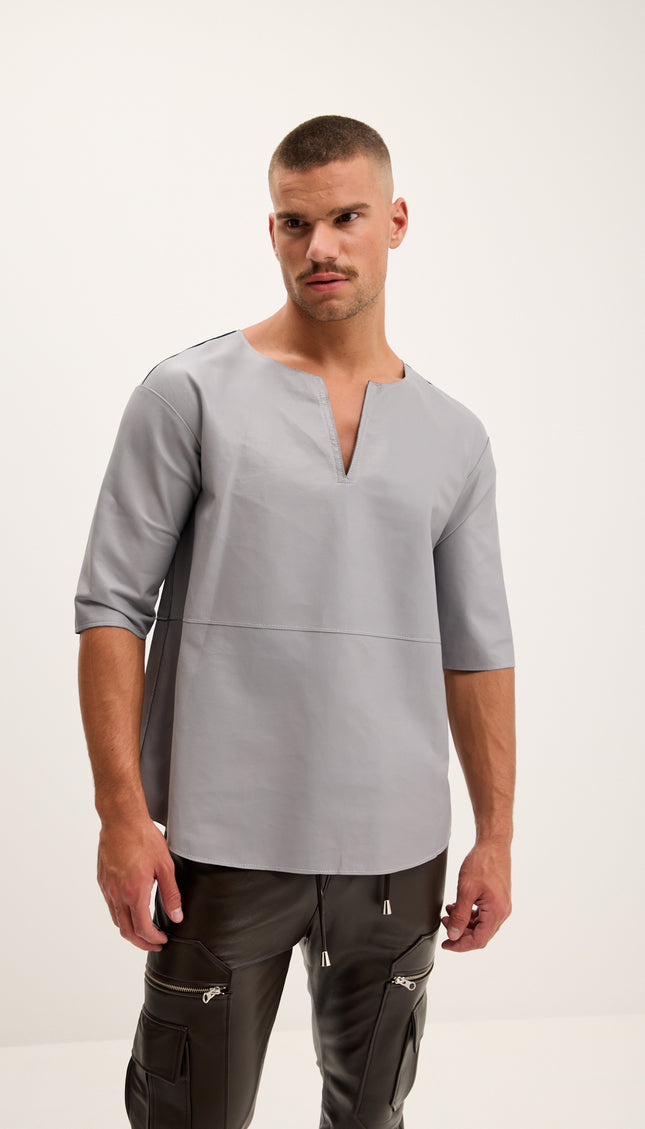 The Lambskin Leather Three Quarter V Neck Shirt - Grey