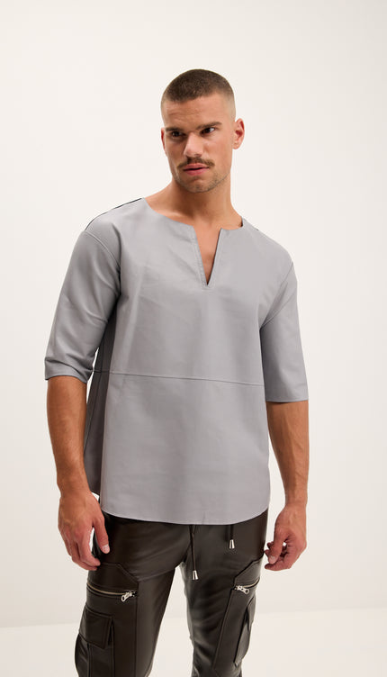 The Lambskin Leather Three Quarter V Neck Shirt - Grey