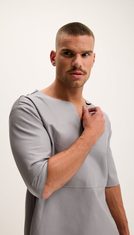 The Lambskin Leather Three Quarter V Neck Shirt - Grey