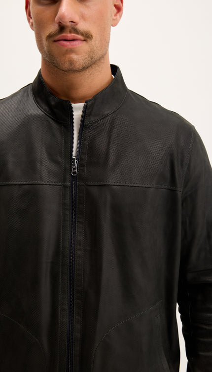 Vanguard Reversible Perforated Suede & Leather Jacket - Grey/Navy