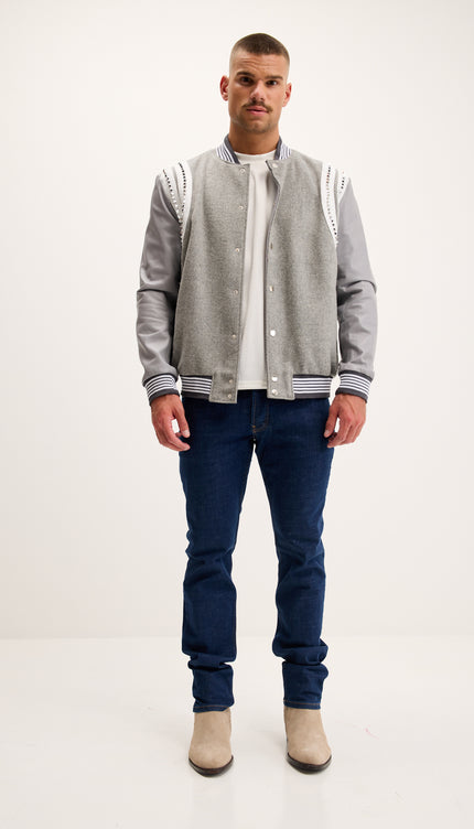 Studded Mixed-Media Leather Varsity Jacket - Grey