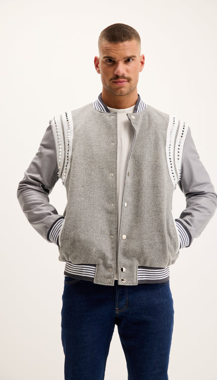 Studded Mixed-Media Leather Varsity Jacket - Grey