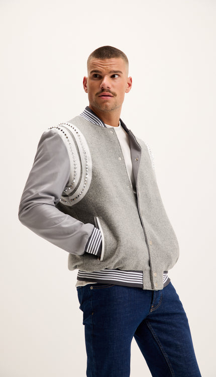 Studded Mixed-Media Leather Varsity Jacket - Grey