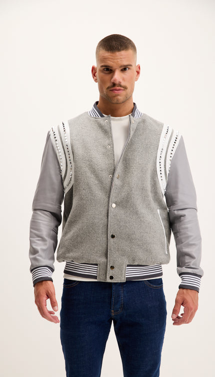 Studded Mixed-Media Leather Varsity Jacket - Grey