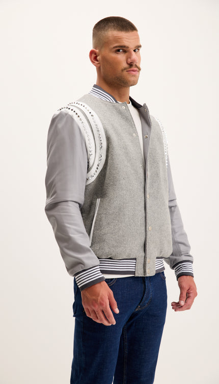 Studded Mixed-Media Leather Varsity Jacket - Grey
