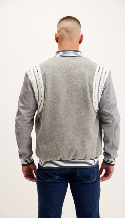 Studded Mixed-Media Leather Varsity Jacket - Grey