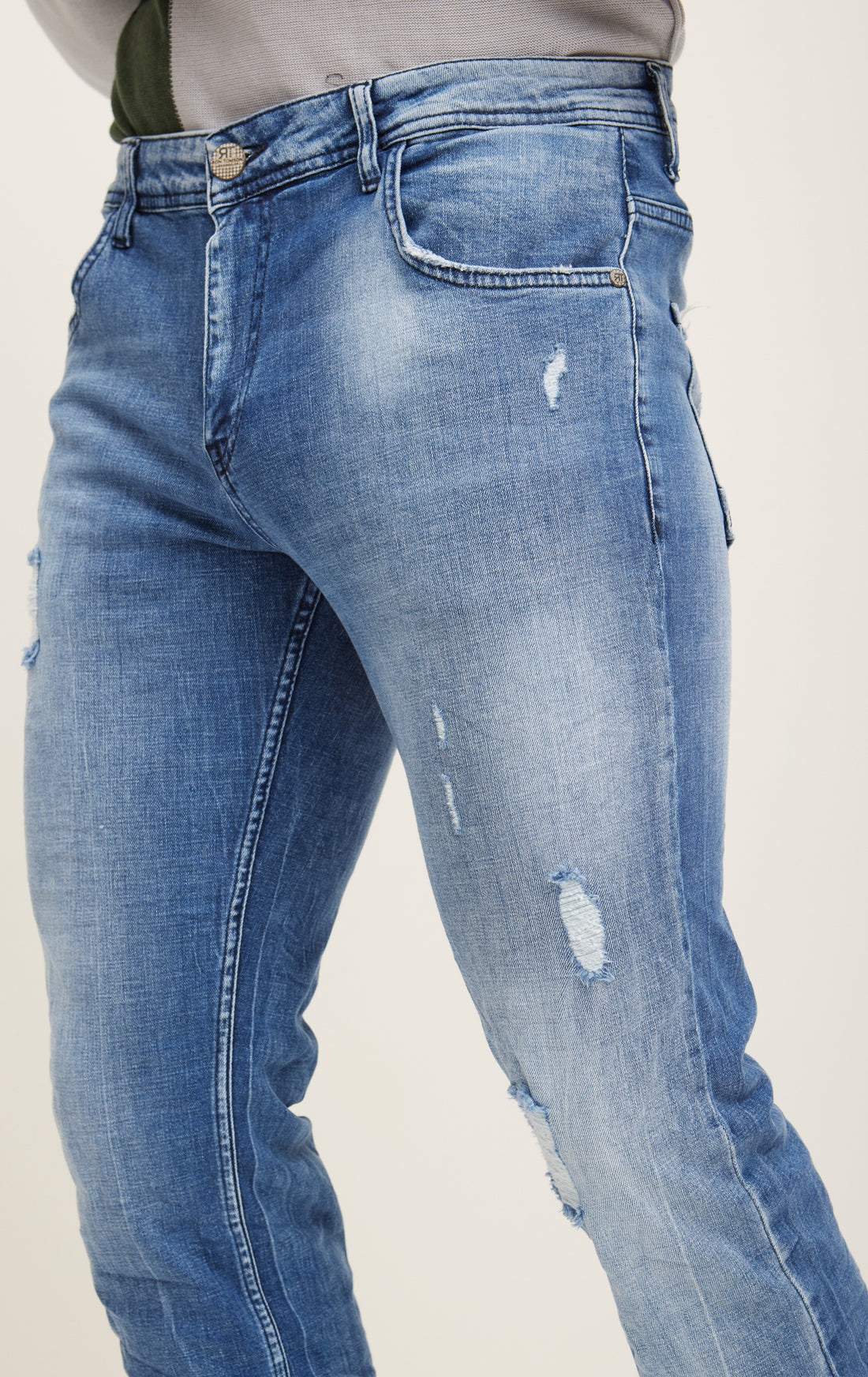 Straight Cut Cotton Denim Distressed Jeans- Indigo