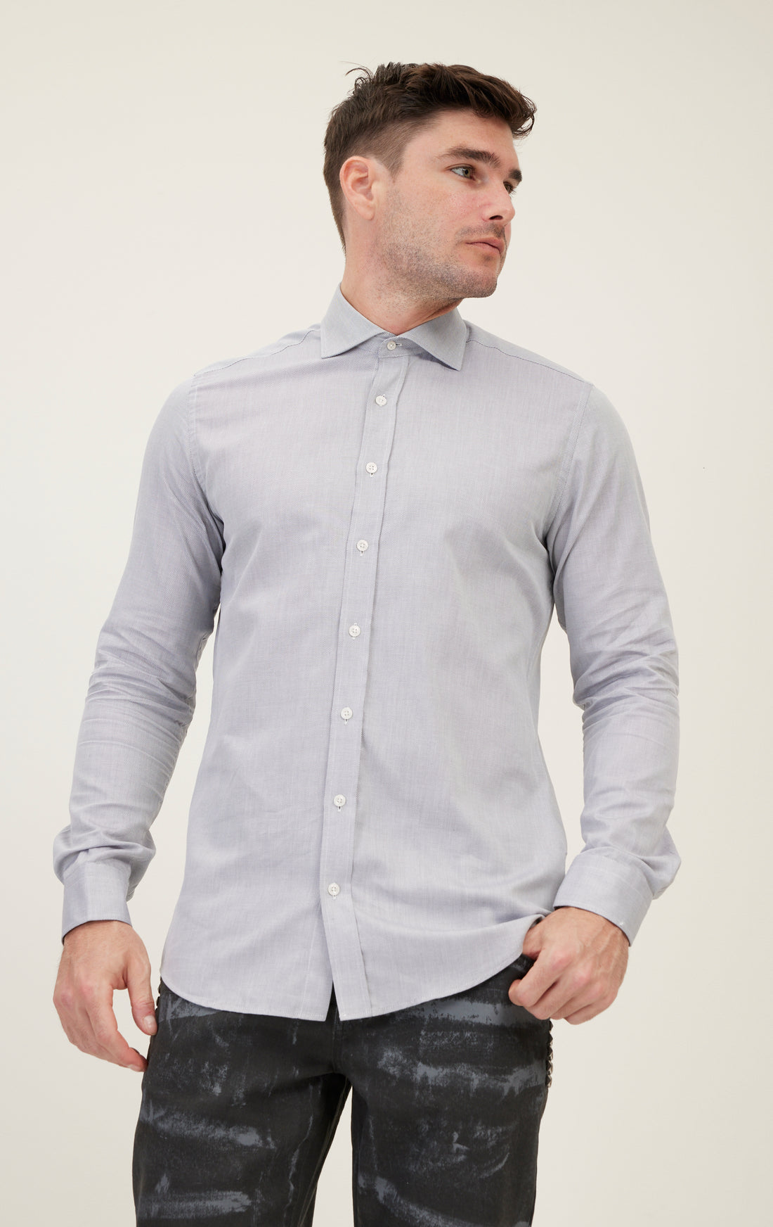 Pure Cotton Spread Collar Fitted Dress Shirt - Grey
