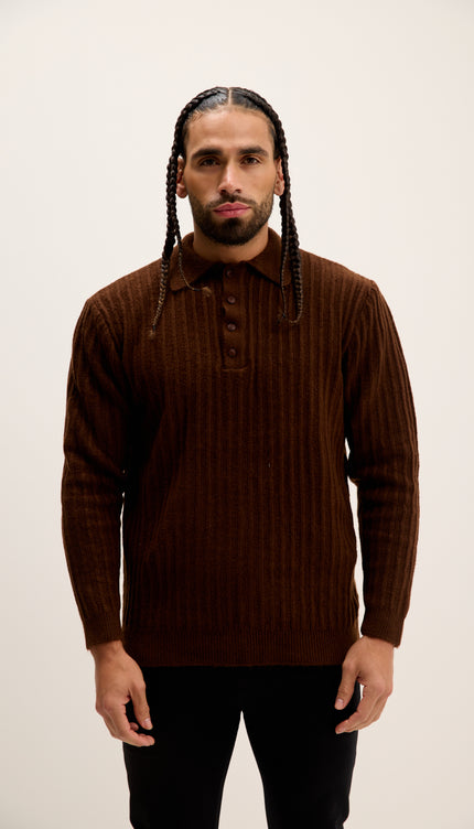 Button Collar Ribbed Sweater - Brown