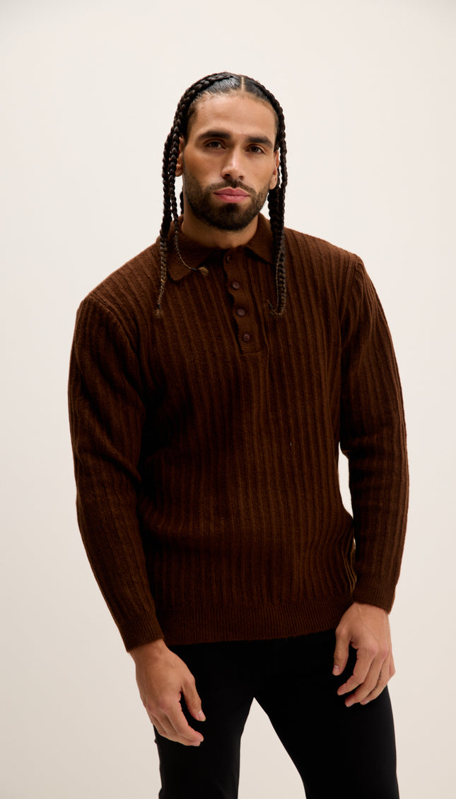 Button Collar Ribbed Sweater - Brown