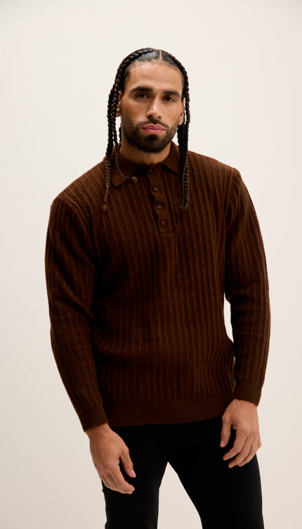 Button Collar Ribbed Sweater - Brown