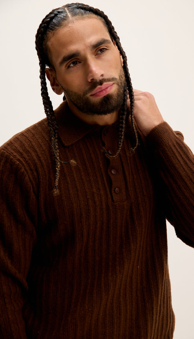 Button Collar Ribbed Sweater - Brown