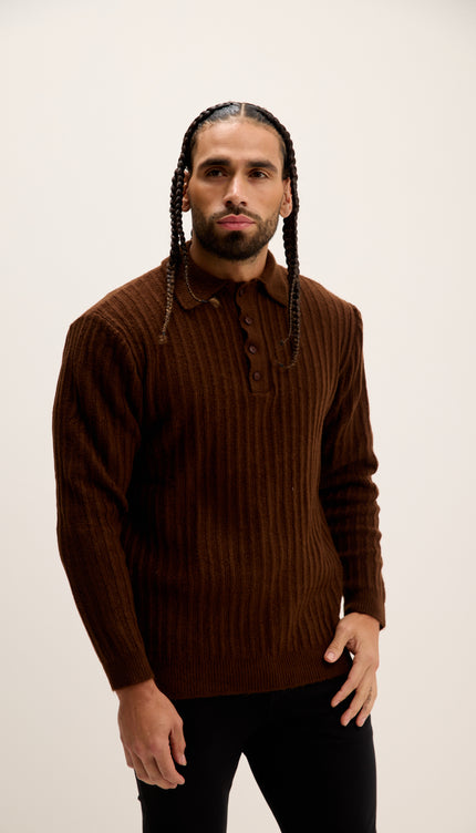 Button Collar Ribbed Sweater - Brown
