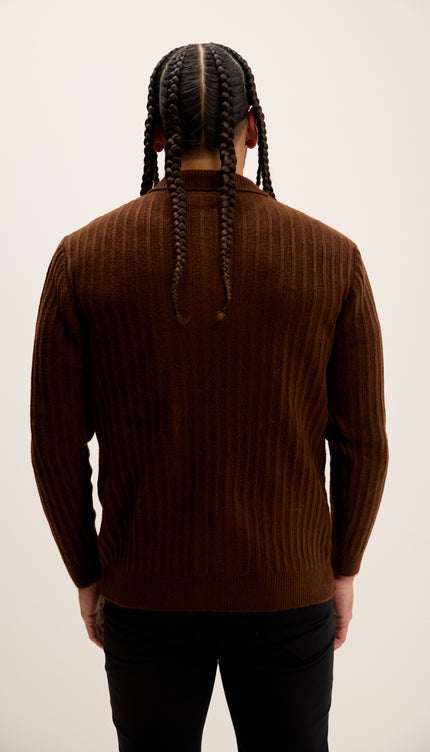 Button Collar Ribbed Sweater - Brown