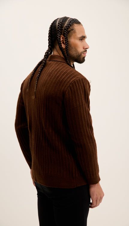 Button Collar Ribbed Sweater - Brown
