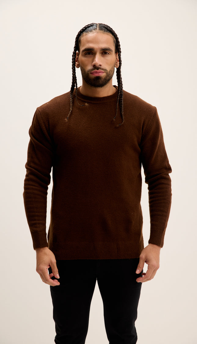 Crew Neck Preppy Fit Sweater - Brown