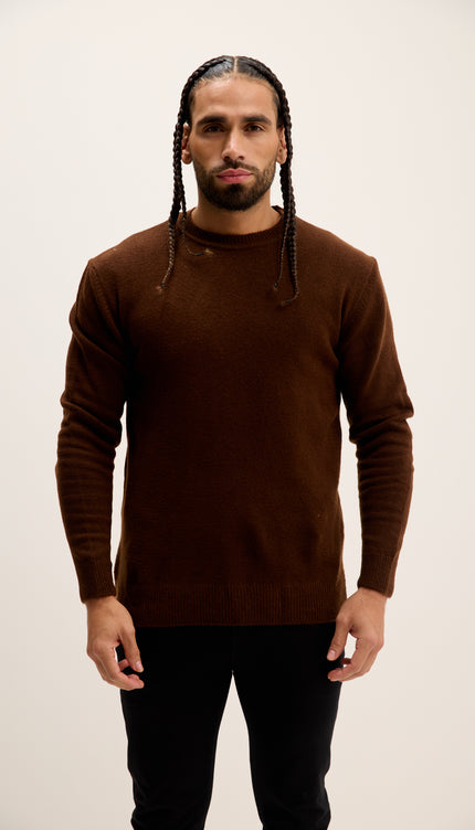 Crew Neck Preppy Fit Sweater - Brown