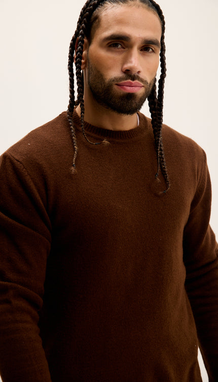 Crew Neck Preppy Fit Sweater - Brown