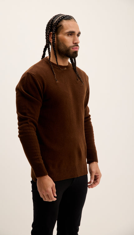 Crew Neck Preppy Fit Sweater - Brown