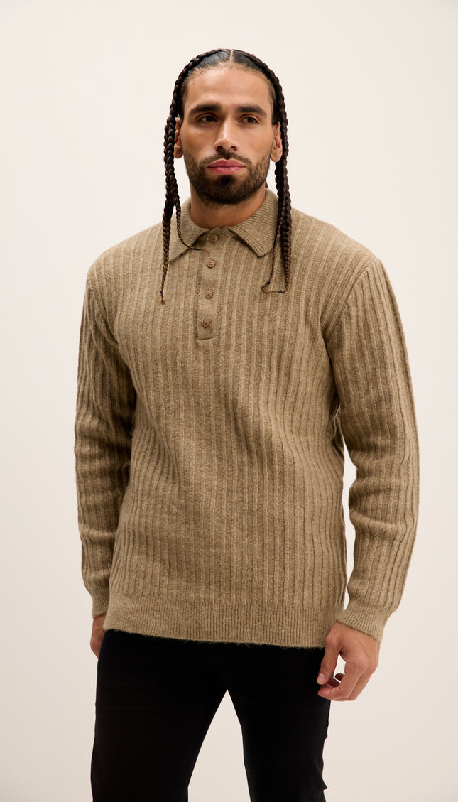 Button Collar Ribbed Sweater - Vizon