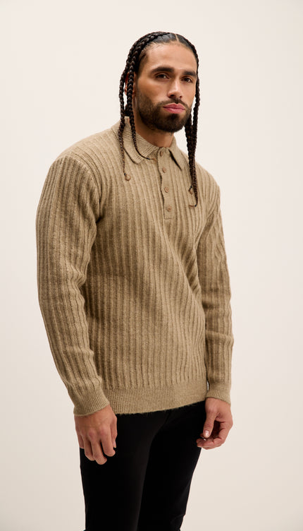 Button Collar Ribbed Sweater - Vizon