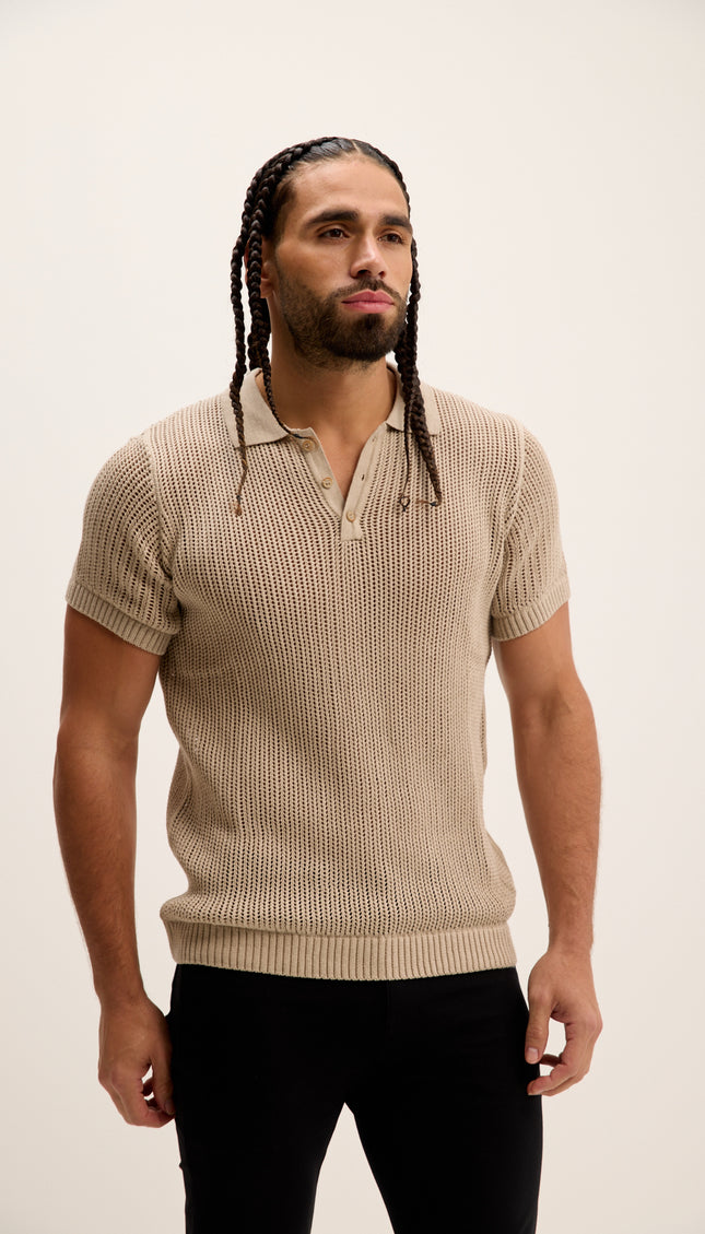 Polo-Shirt mit Lochmuster-Strickmuster – Stein