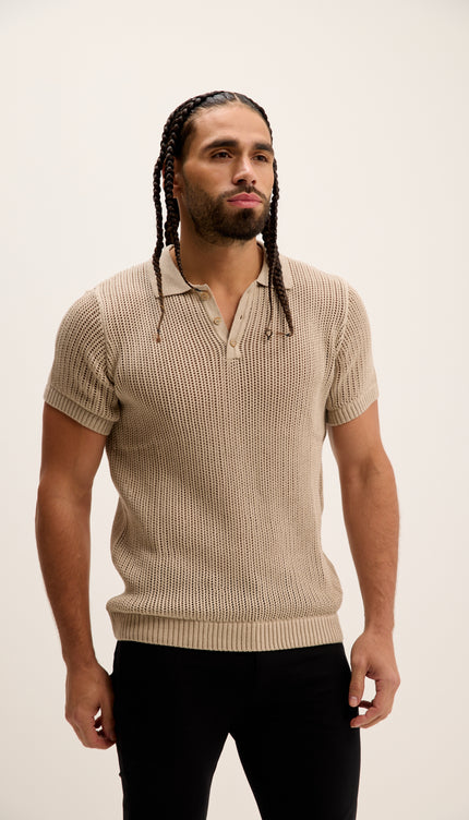 Polo-Shirt mit Lochmuster-Strickmuster – Stein