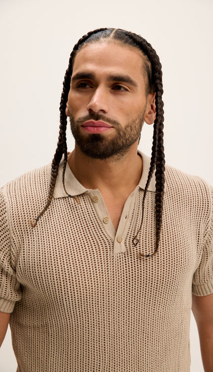 Polo-Shirt mit Lochmuster-Strickmuster – Stein