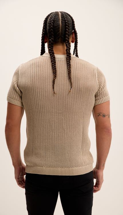 Polo-Shirt mit Lochmuster-Strickmuster – Stein