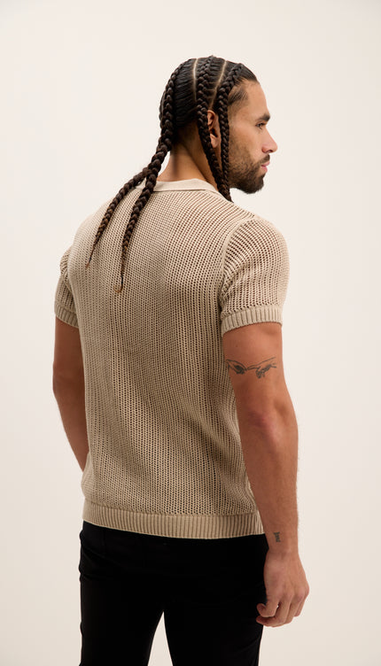 Polo-Shirt mit Lochmuster-Strickmuster – Stein