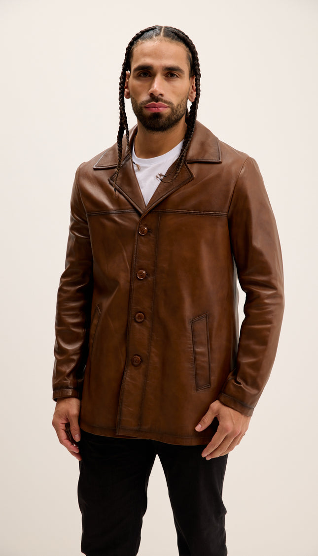 Genuine Leather Car Coat - Brown Tint