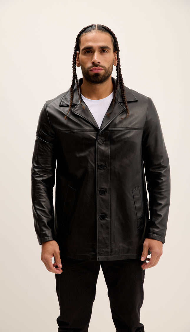 Genuine Leather Car Coat - Black