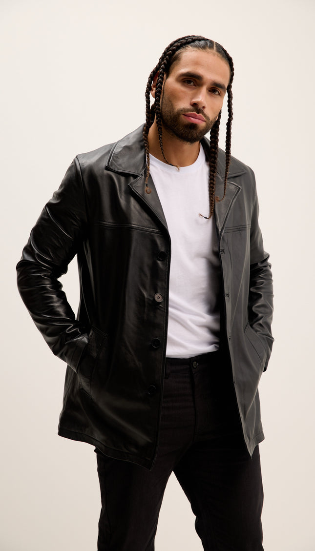 Genuine Leather Car Coat - Black