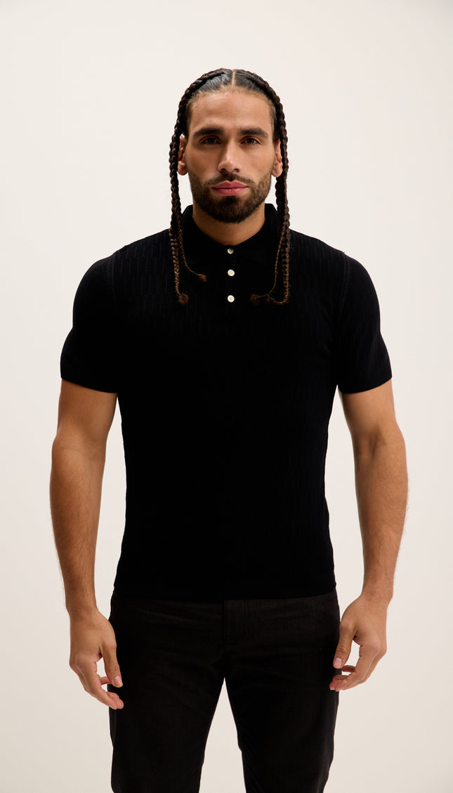 Short Sleeve Textured Polo Shirt - Black