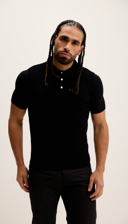 Short Sleeve Textured Polo Shirt - Black