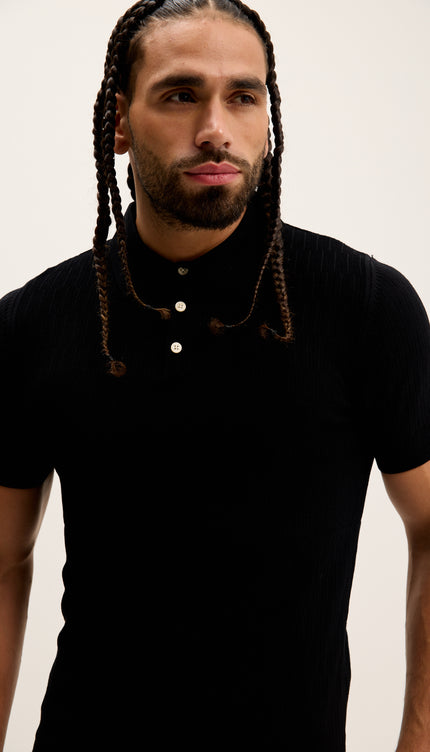 Short Sleeve Textured Polo Shirt - Black