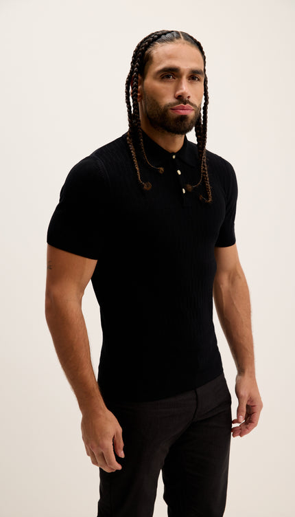 Short Sleeve Textured Polo Shirt - Black