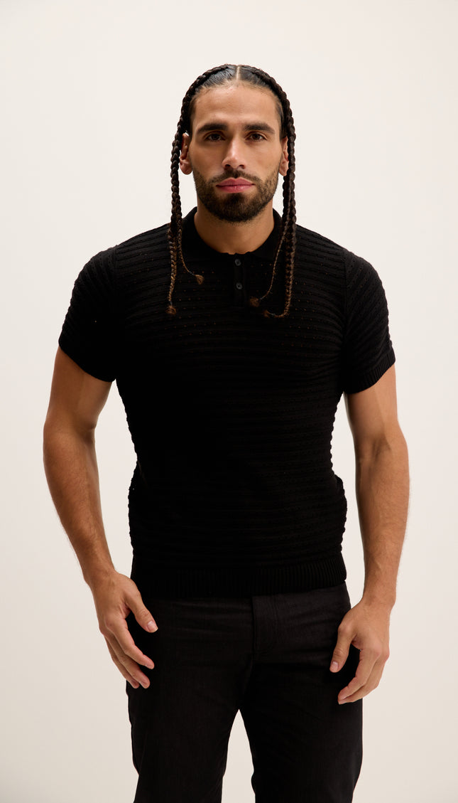 Eyelet Short Sleeve Polo Tee - Black