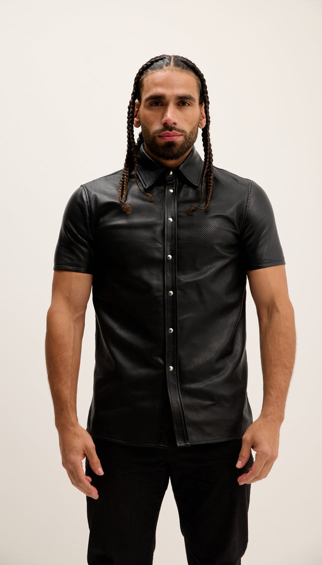 Short Sleeve Perforated Leather Shirt - Black
