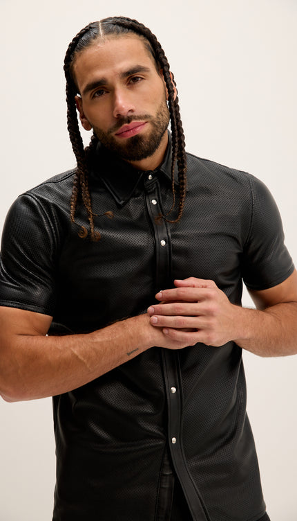 Short Sleeve Perforated Leather Shirt - Black