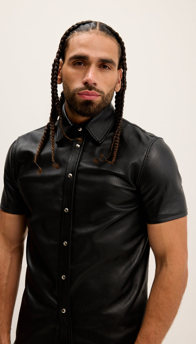 Short Sleeve Perforated Leather Shirt - Black