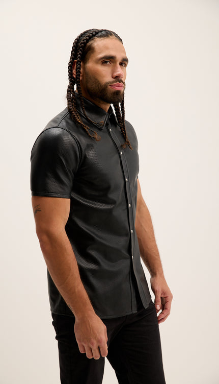 Short Sleeve Perforated Leather Shirt - Black