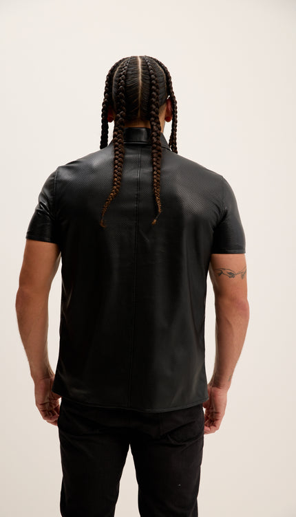 Short Sleeve Perforated Leather Shirt - Black