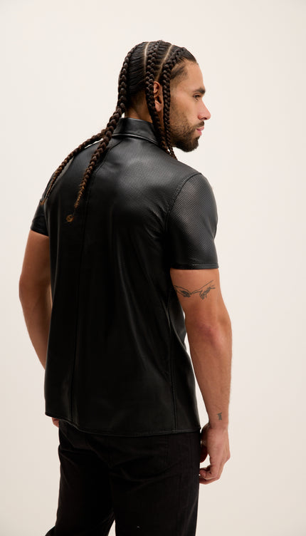 Short Sleeve Perforated Leather Shirt - Black